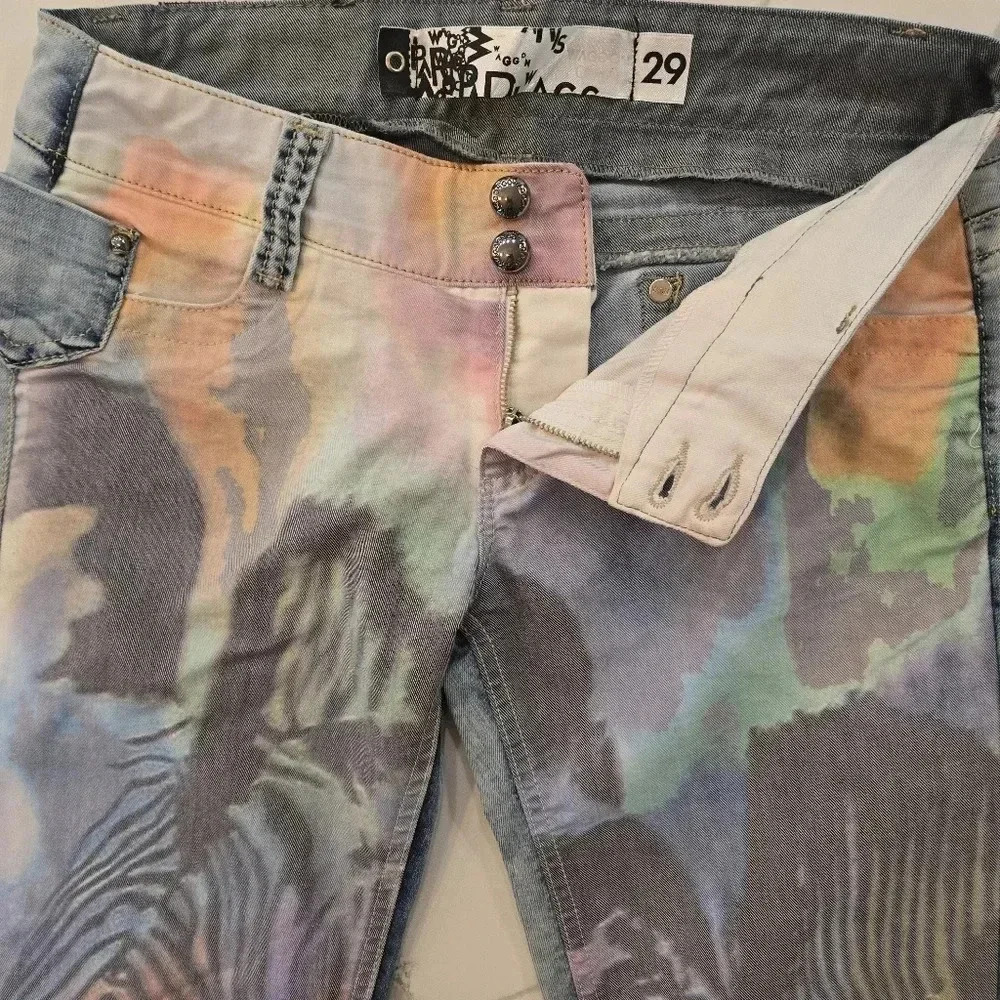 Waggon Paris Abstract Art Low Rise Stretch Straight Leg Jeans Blue Size 29 - Picture 5 of 12